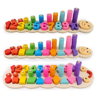 Kids children intelligent educational wooden toys wood montessori early learning toys three-in-one digital shape matching plate